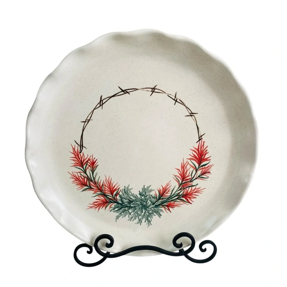 Dano Hand Thrown Pottery Indian Paintbrush Ruffle Edge Round Serving Platter 12”